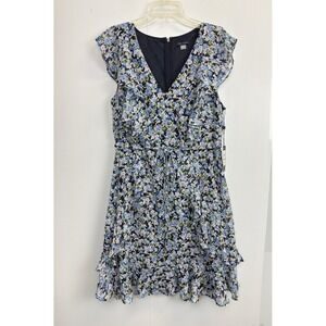 NEW Tommy‎ Hilfiger Dress Women's 14 Blue Floral Chiffon Ruffles Lined Back Zip